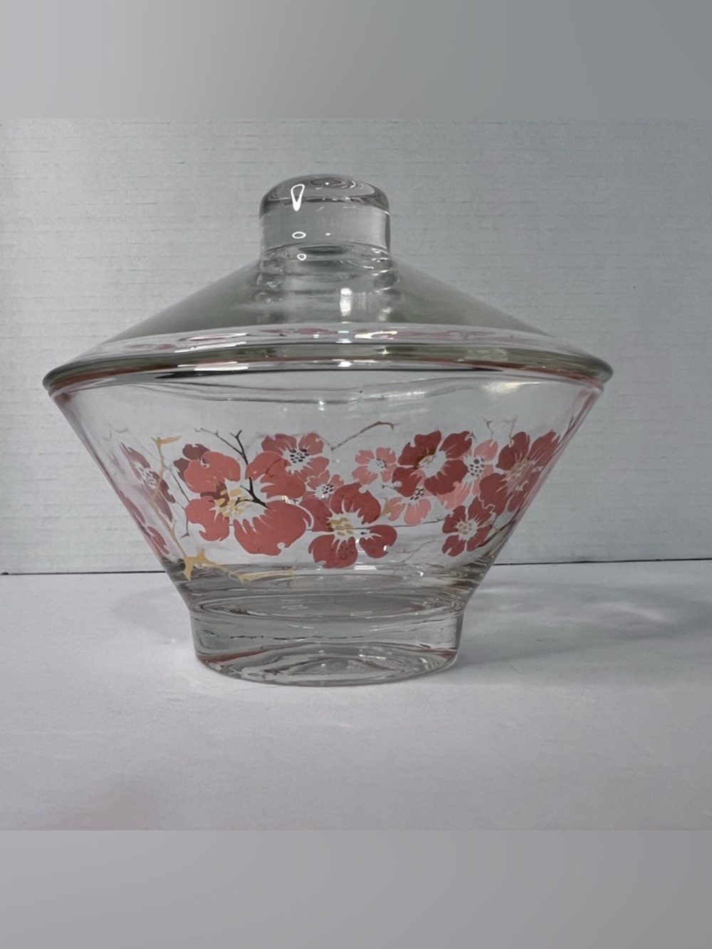 Vintage Mid Century Modern Glass Dip Bowl AND Lid - Pink Flowers Cherry Blossoms